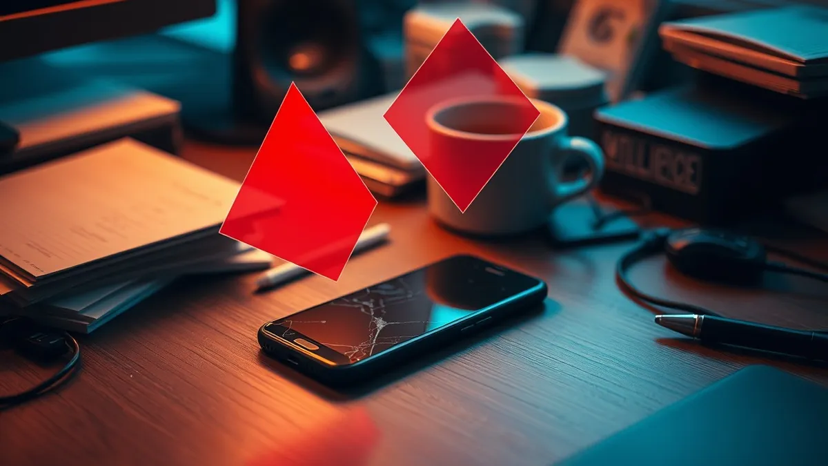 Illustration: A cracked smartphone rests on a cluttered office desk beside a steaming coffee cup.