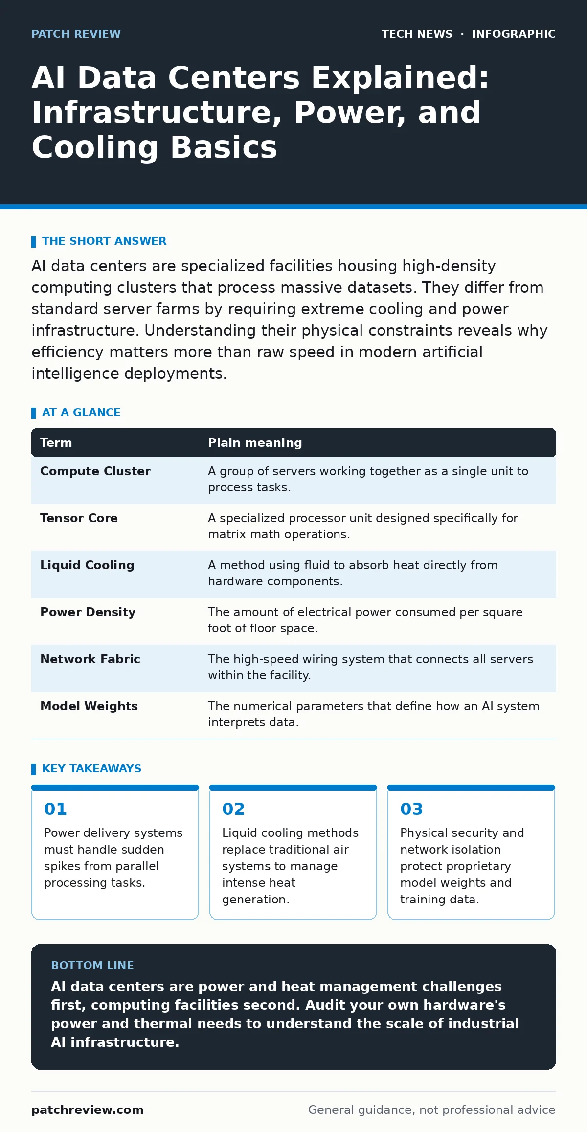 Infographic: AI Data Centers Explained: Infrastructure, Power, and Cooling Basics. Power delivery systems must handle sudden spikes from parallel processing tasks. Liquid cooling methods replace traditional air systems to manage intense heat generation. Physical security and network isolation protec