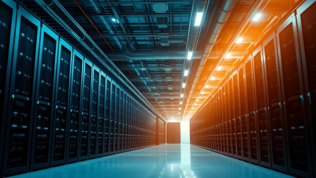 Illustration: A vast warehouse interior filled with tall black server racks stretching into the background.