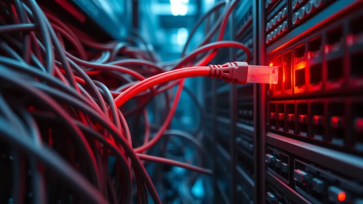 Illustration: A tangled web of gray ethernet cables connects to a row of network switches.