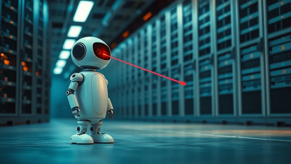 Illustration: A white cylindrical robot stands on a concrete floor, its single red eye scanning a wall of stacked metal server blades.