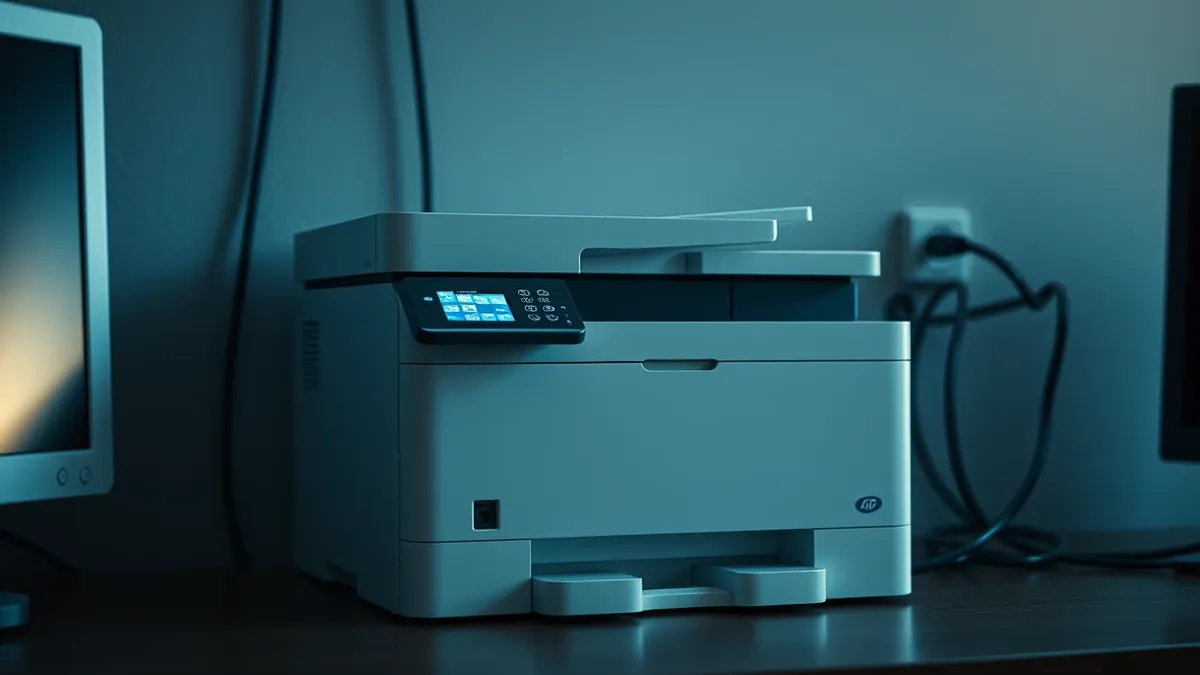 Illustration: A generic network printer sits quietly on a desk with its control panel displaying only abstract geometric shapes.