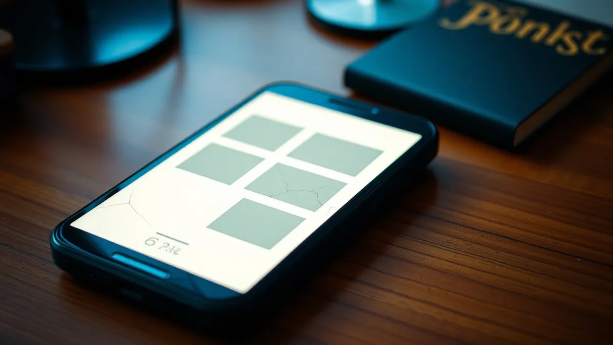 Illustration: A cracked black smartphone rests on a wooden desk, its screen illuminated with a bright white background and abstract grey rectangles representing book covers.