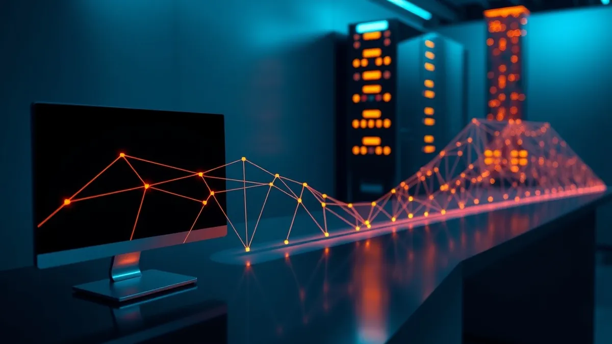Illustration: A transparent digital bridge connects a sleek computer monitor to a distant server tower.