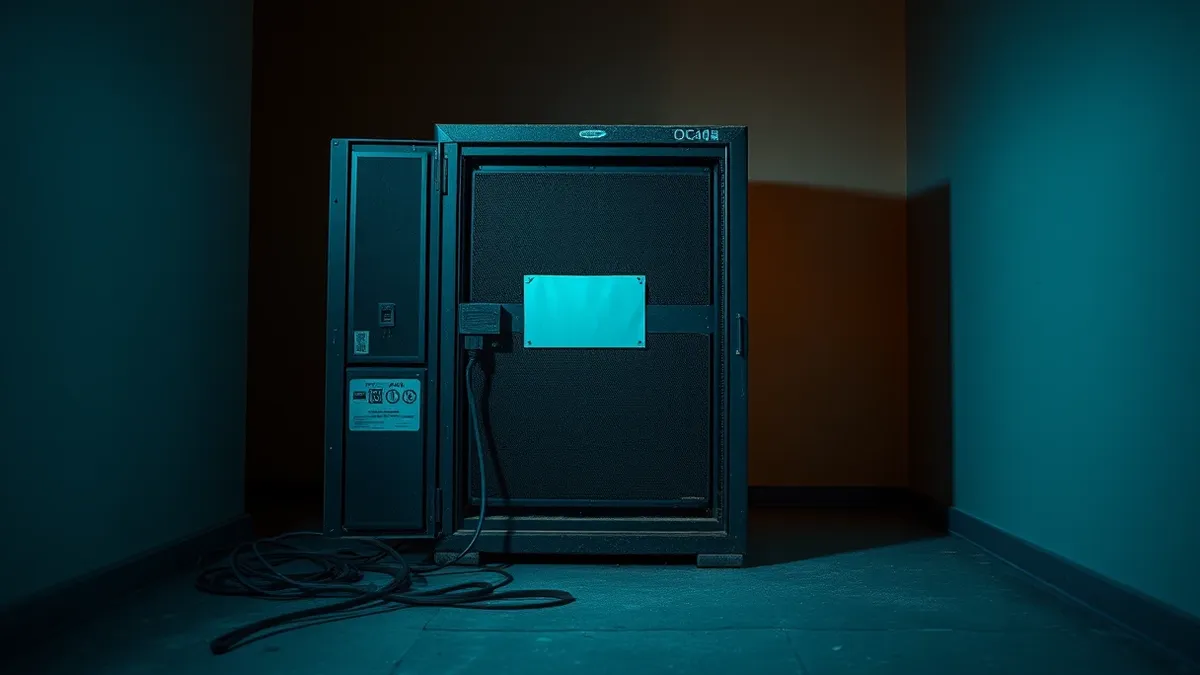 Illustration: A dusty, abandoned server rack sits in a dim corner of an empty room, its power cables unplugged and trailing across the floor.