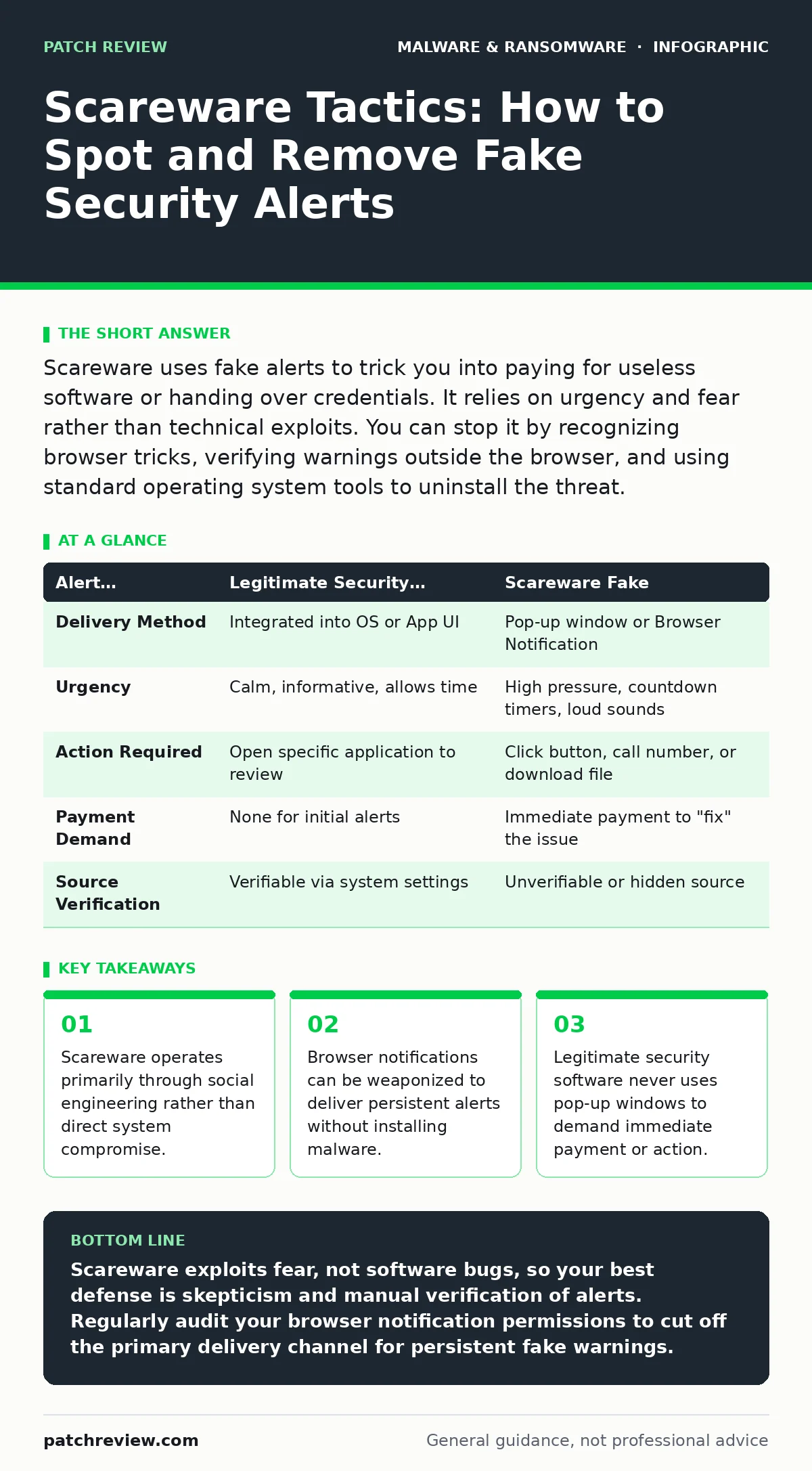 Infographic: Scareware Tactics: How to Spot and Remove Fake Security Alerts. Scareware operates primarily through social engineering rather than direct system compromise. Browser notifications can be weaponized to deliver persistent alerts without installing malware. Legitimate security software nev
