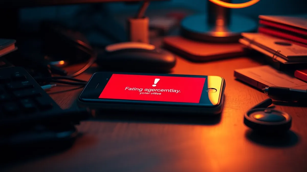 Illustration: A smartphone rests on a cluttered desk, its screen dominated by a bright red alert box featuring an exclamation mark and abstract warning icons.