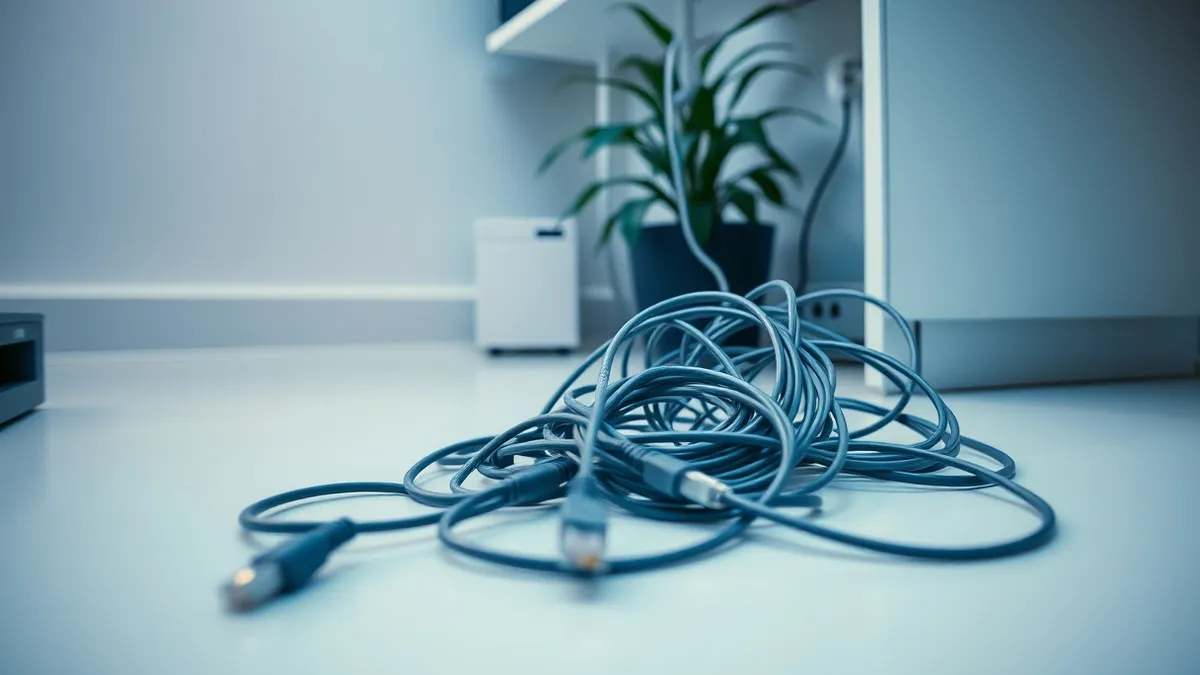 Illustration: A tangled knot of grey ethernet cables spills from a desk drawer onto a clean white floor.