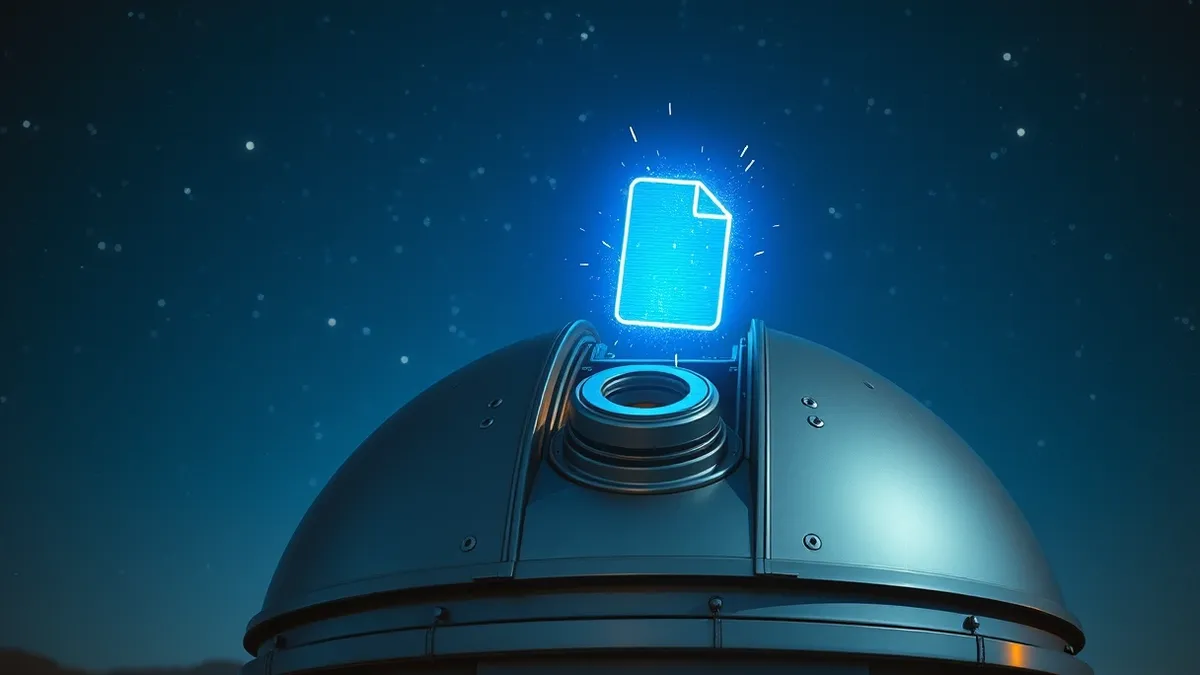 Illustration: A sleek silver telescope dome sits open under a starry night sky.