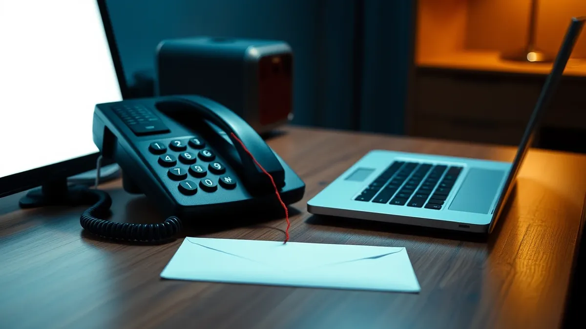 Illustration: A sleek office desk holds a modern landline telephone receiver resting awkwardly beside an open laptop with a blank screen.