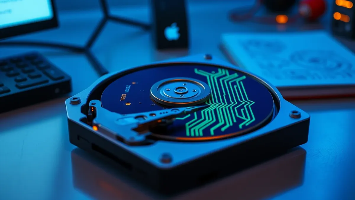 Illustration: A silver hard drive rests on a clean desk, sliced cleanly down the middle to reveal two distinct internal chambers.