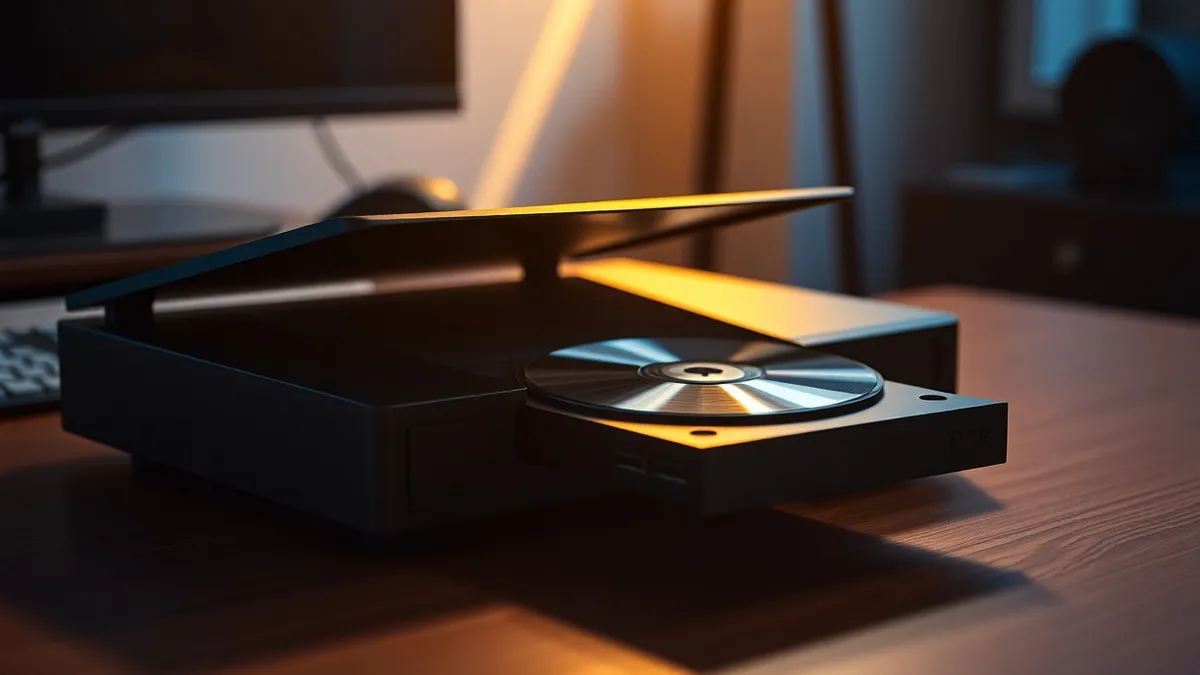 Illustration: A black PlayStation 5 console sits open on a wooden desk with a silver disc tray extended.