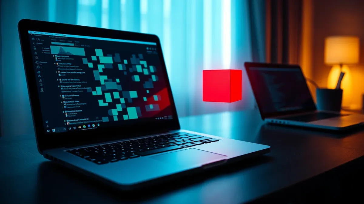 Illustration: An open laptop sits on a desk, its screen displaying a grid of abstract blue and green task blocks.