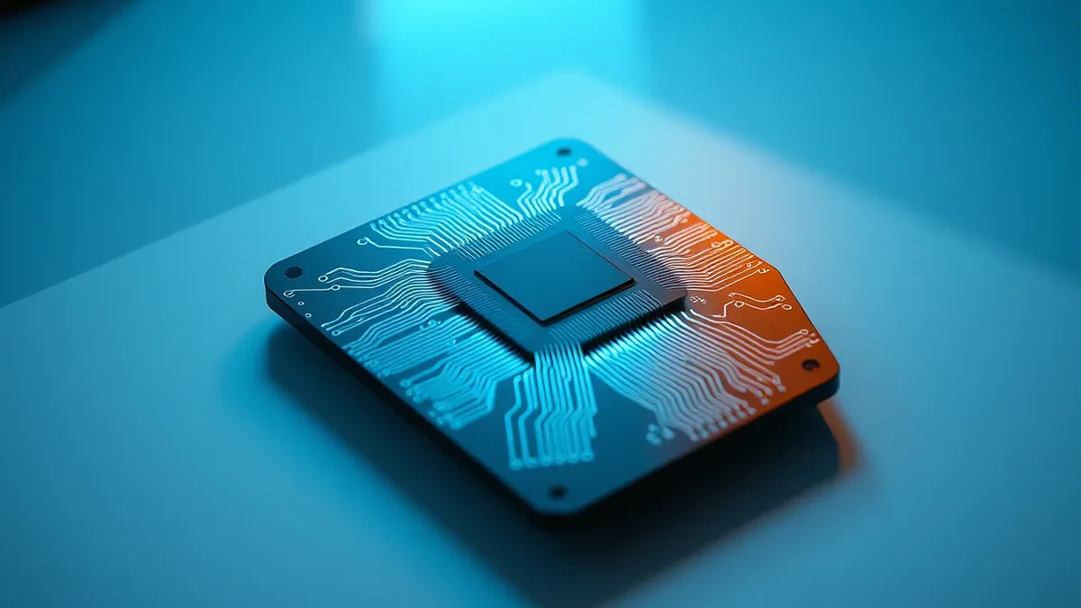 Illustration: A sleek, dark circuit board sits on a clean white surface.