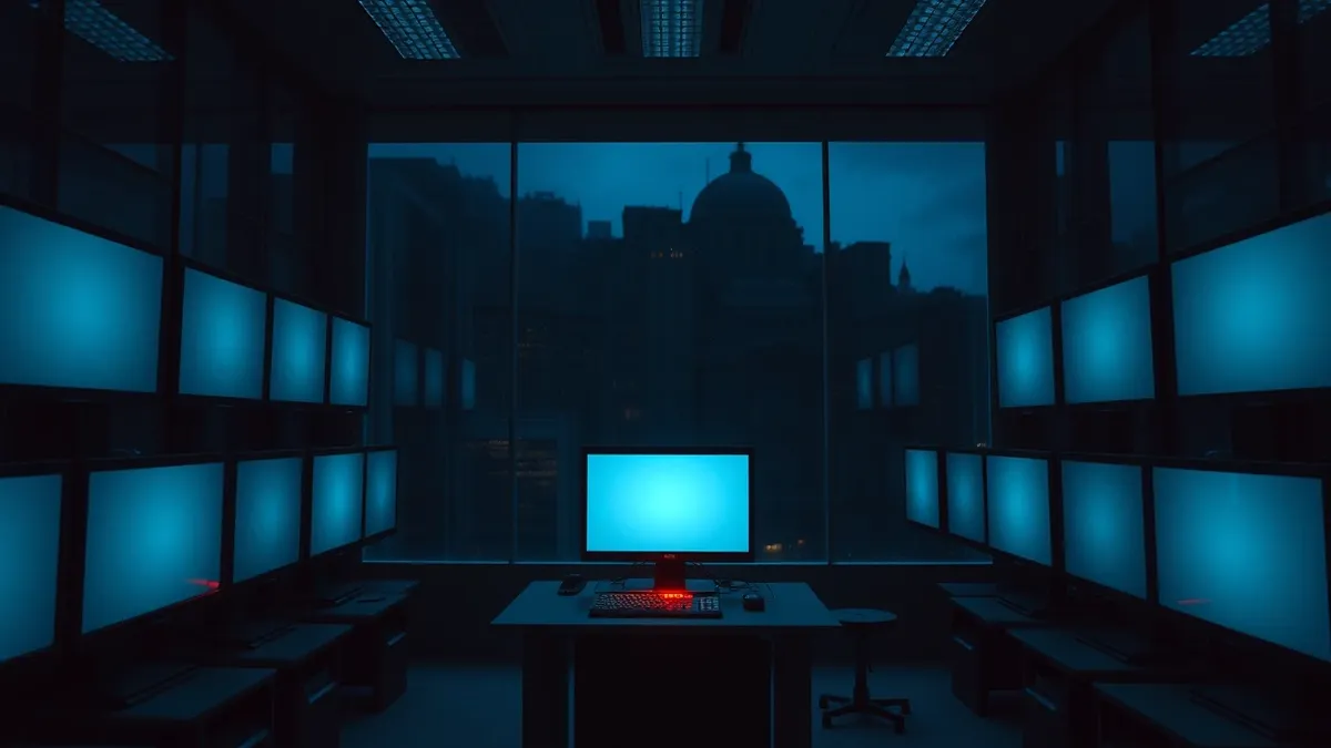 Illustration: A dark room filled with blank monitors sits behind thick glass walls.