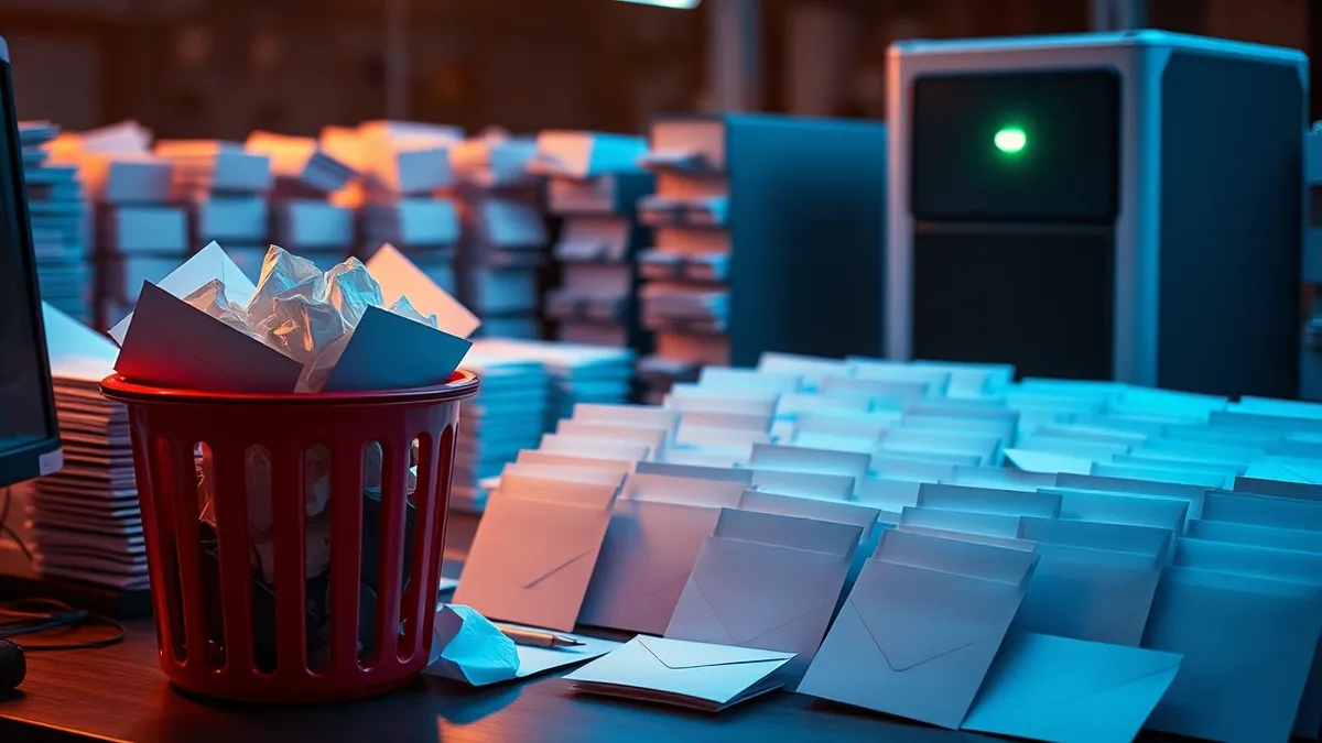 Illustration: A cluttered digital desktop displays dozens of identical, blank email drafts lined up like factory products.