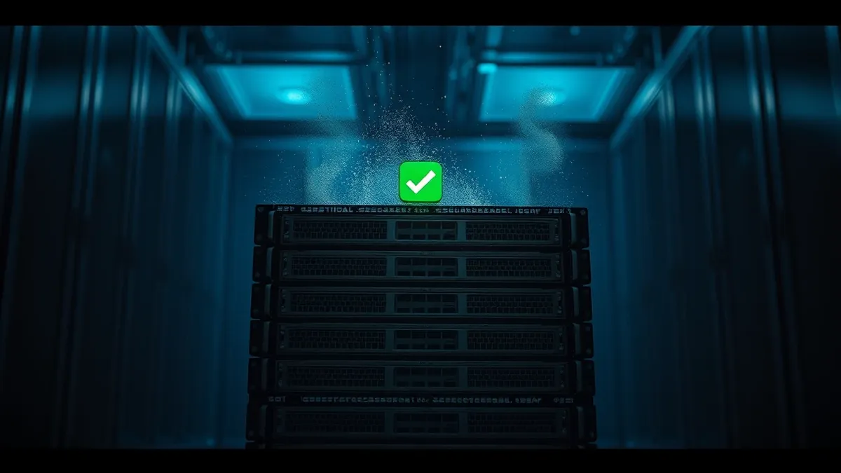 Illustration: A solitary stack of worn server blades sits in a dimly lit room, with a single bright green checkmark hovering above the central unit.