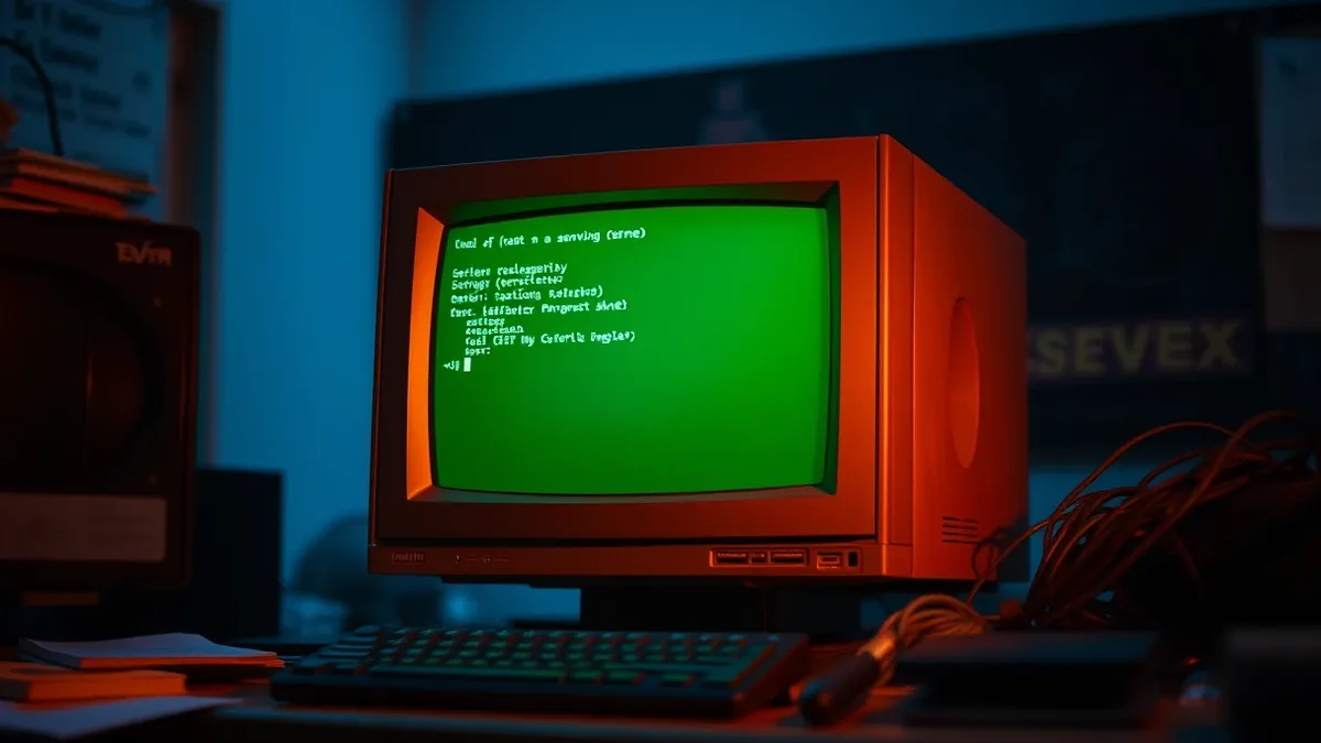 Illustration: A single, worn Unix server terminal sits on a cluttered desk.
