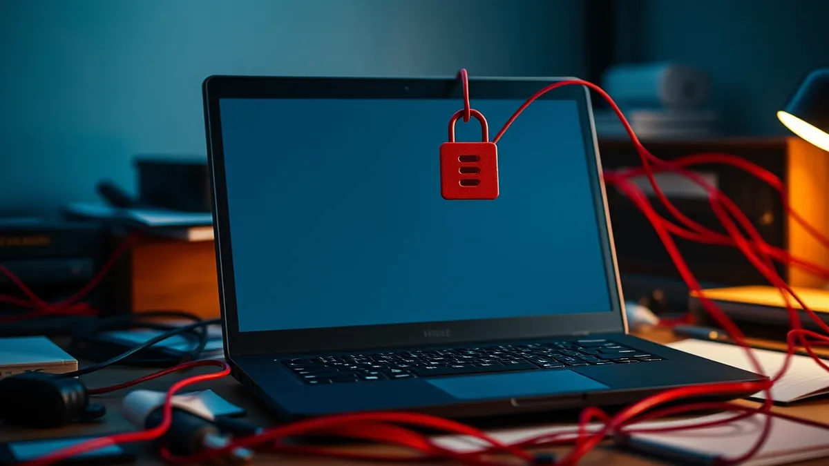 Illustration: A sleek black laptop sits on a cluttered desk with its screen displaying a blank terminal window.