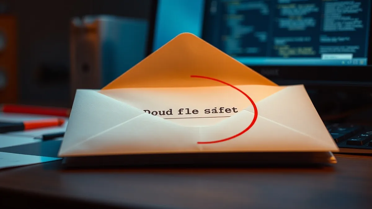 Illustration: A white envelope sits on a desk, its flap open to reveal a stack of paper with suspicious double extensions printed in faint grey ink.