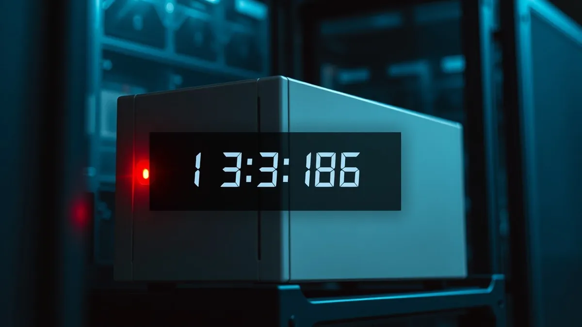 Illustration: A white server box sits on a metal rack with a single red warning light blinking on its front panel.