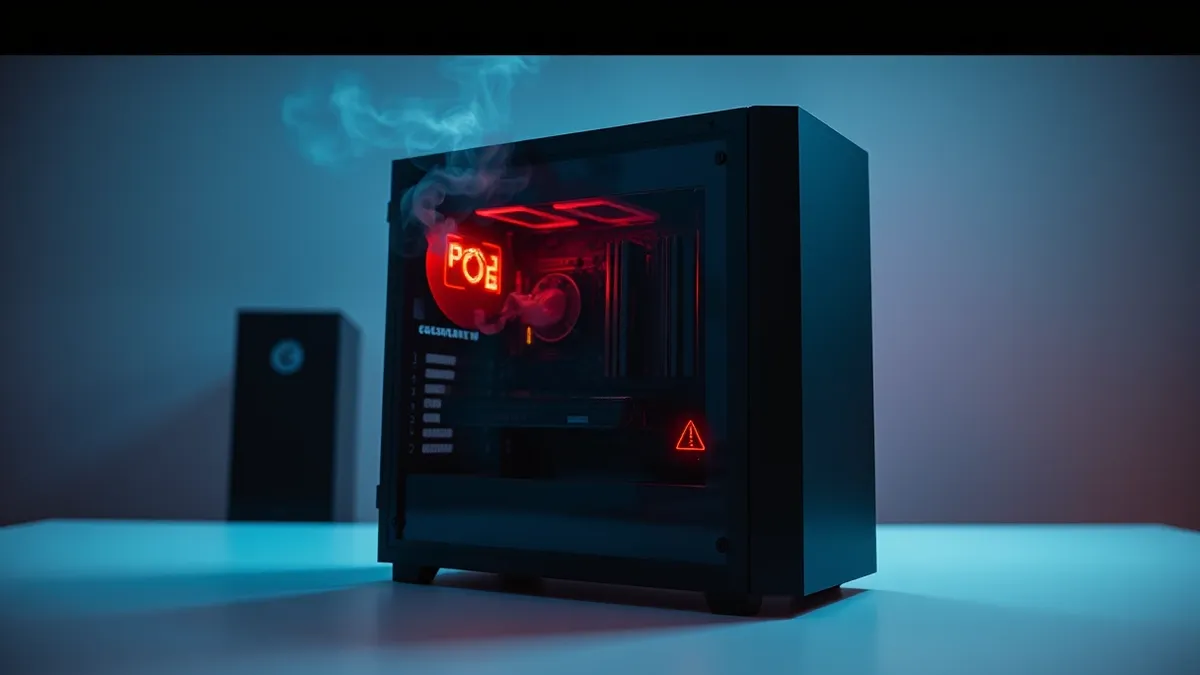 Illustration: A sleek black desktop tower sits isolated on a clean white surface, with faint red warning icons floating around its power button.