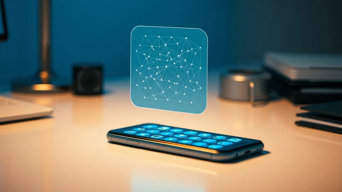 Illustration: A single modern smartphone rests on a clean white desk, its screen displaying a grid of uniform blue app icons.