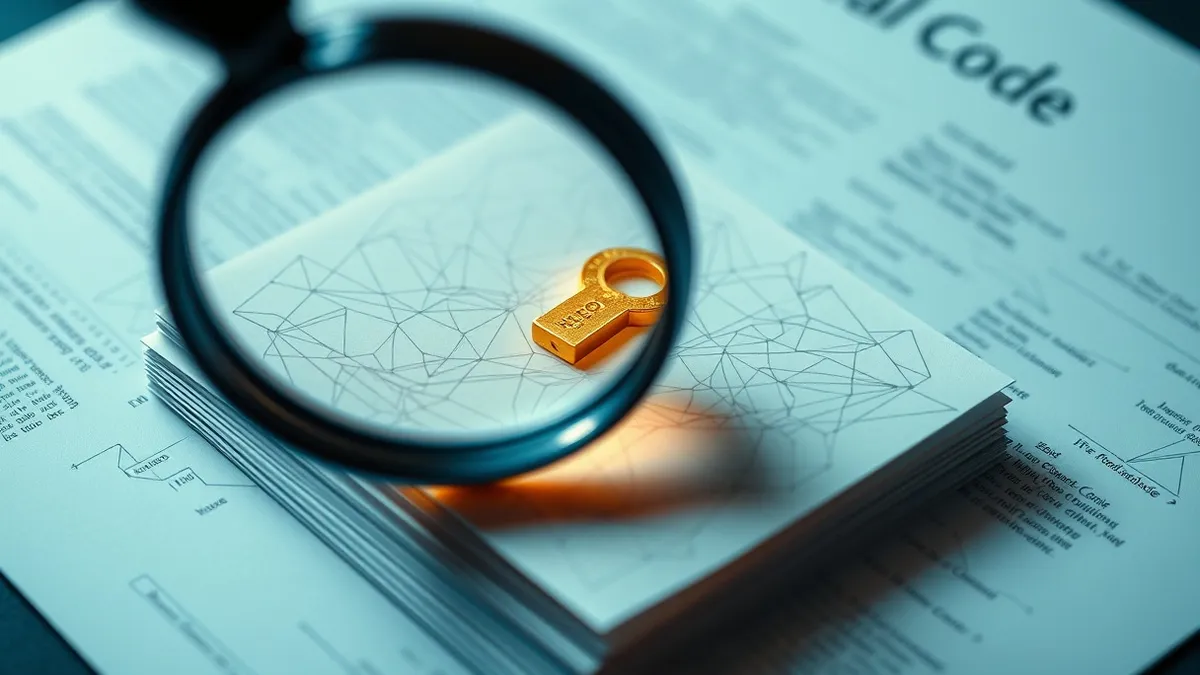 Illustration: A magnifying glass hovers over a stack of translucent, layered paper sheets representing digital code history.
