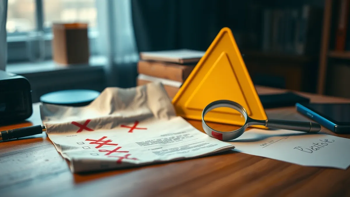 Illustration: A crumpled paper checklist with red crosses sits on a wooden desk next to a broken magnifying glass.