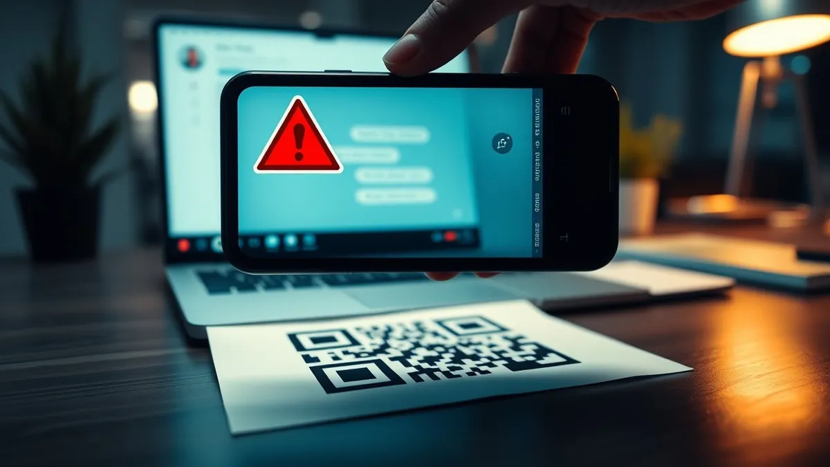 Illustration: A smartphone camera lens hovers over a printed QR code on a desk.
