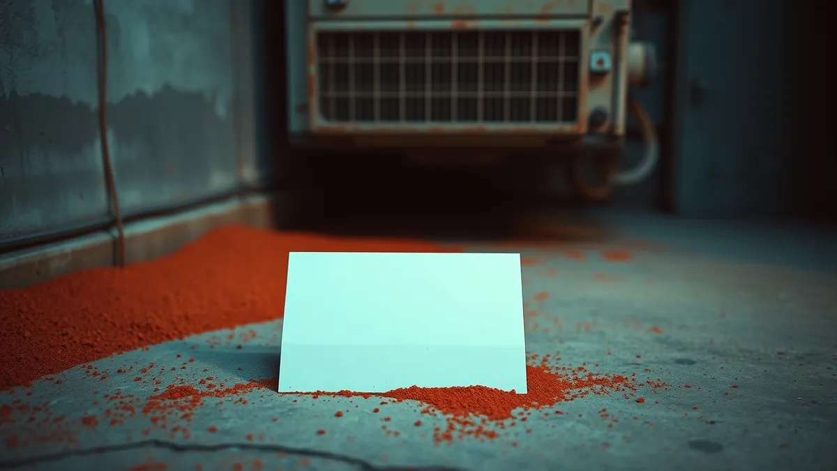 Illustration: A blank, rectangular file folder rests on a dusty concrete floor, partially covered in fine red sand.