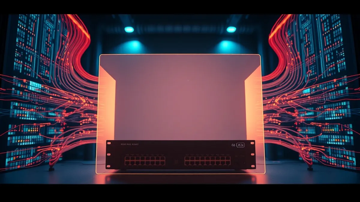 Illustration: A large network switch sits behind a translucent shield that intercepts incoming data streams.