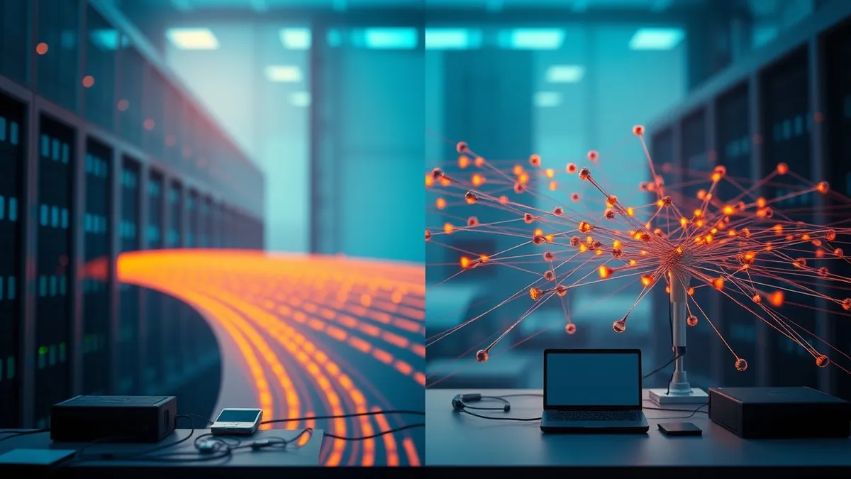 Illustration: A split-screen view shows network traffic bypassing a central data center hub.