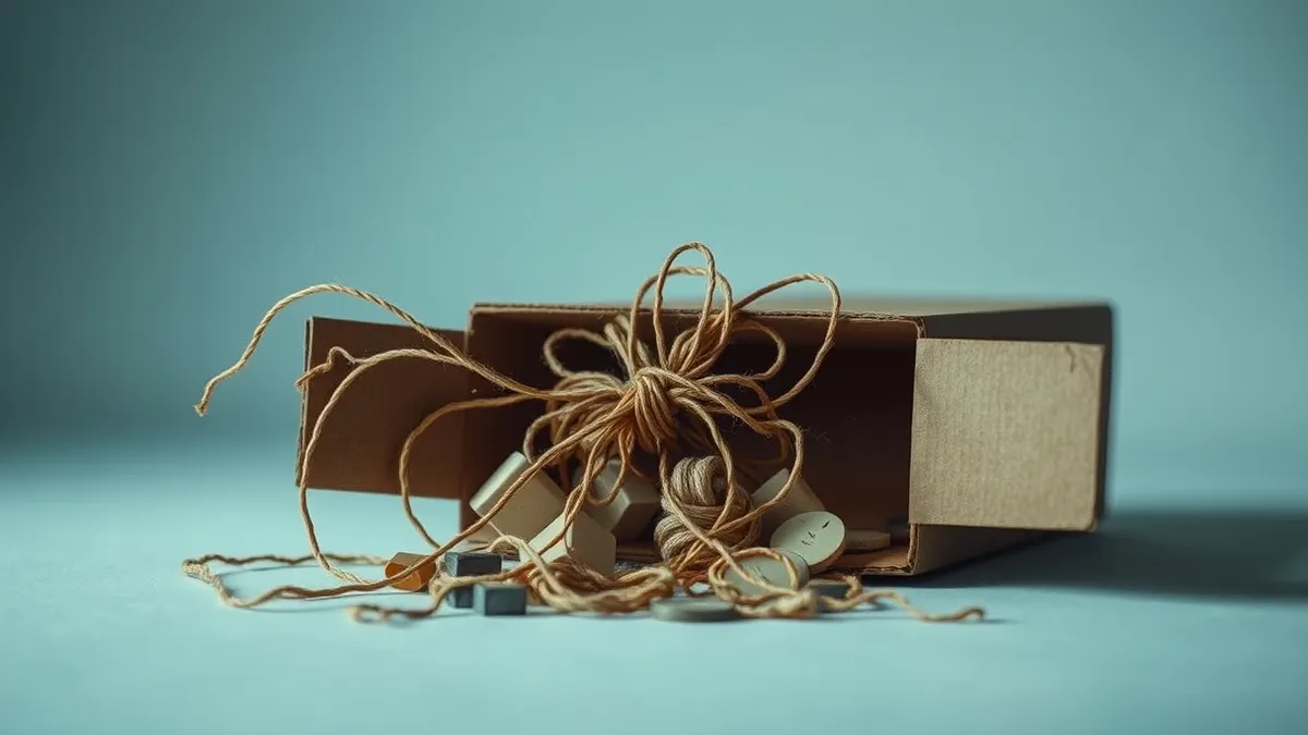 Illustration: A tangled knot of brown twine tightens around a cardboard box, with loose strands escaping and wrapping around nearby objects.