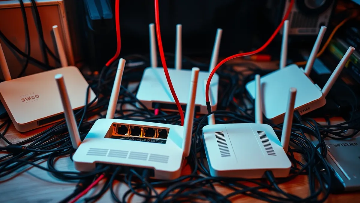 Illustration: A messy tangle of black Ethernet cables connects several white wireless routers on a cluttered desk.