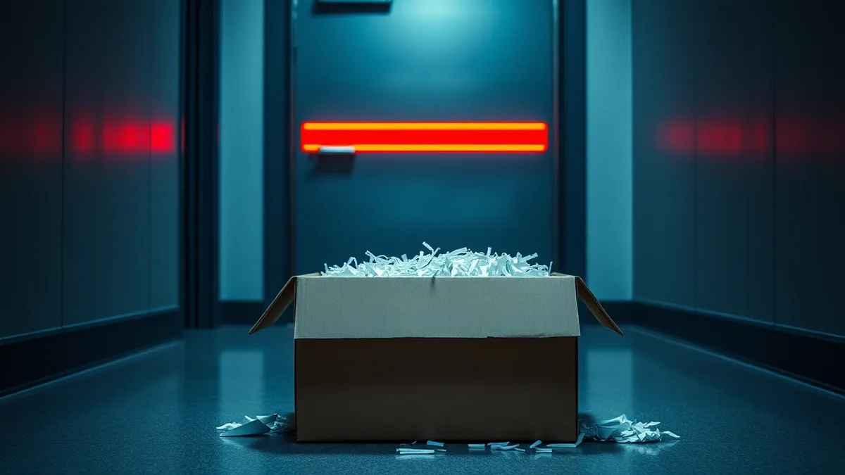 Illustration: A large cardboard box filled with shredded paper sits open on a office floor next to a closed metal door.