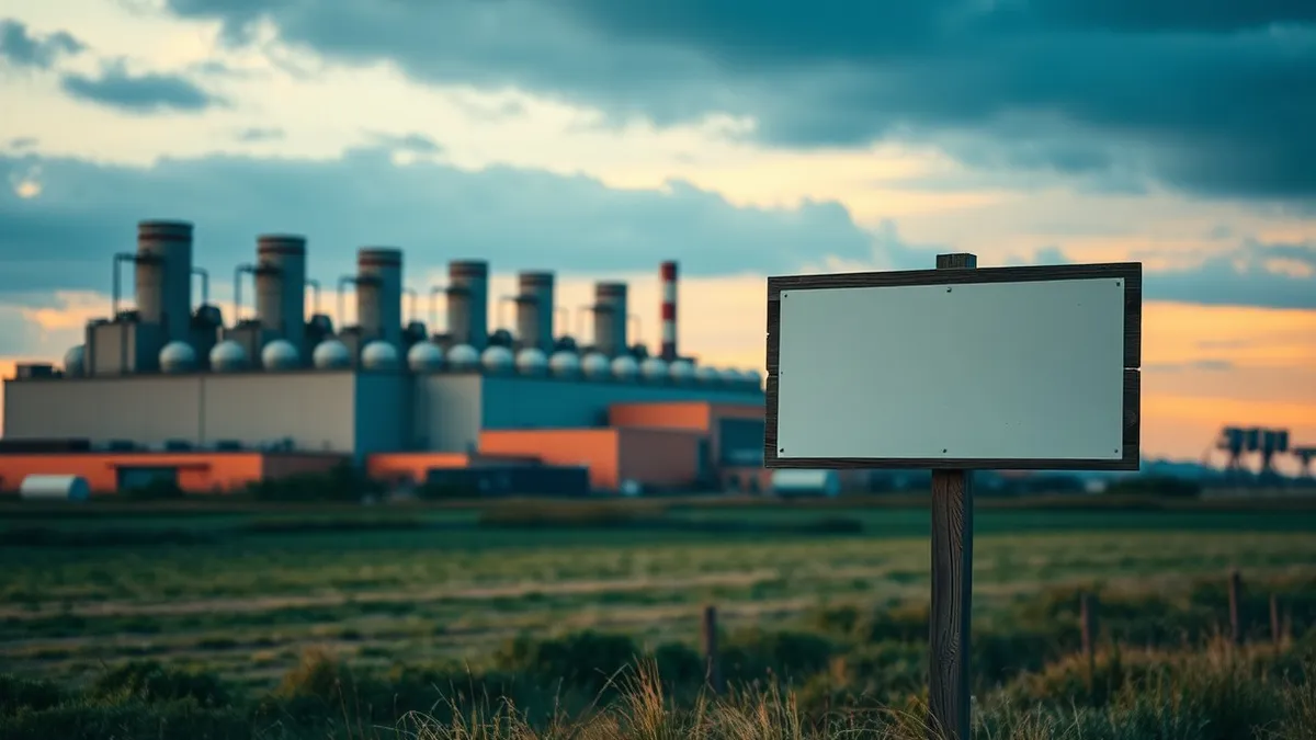 Illustration: A massive industrial building with rows of ventilation fans stands in a rural landscape.