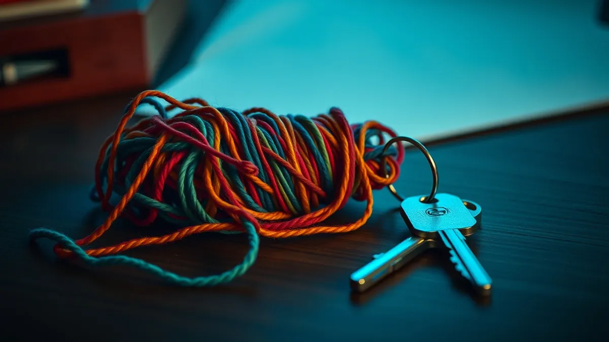 Illustration: A tangled knot of colorful yarn rests on a wooden desk next to a sleek, modern house key.