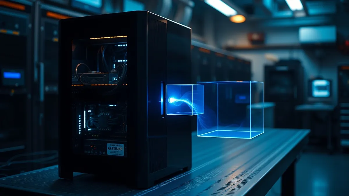 Illustration: A sleek black server tower sits on a metal workbench, its side panel removed to reveal glowing circuitry inside.