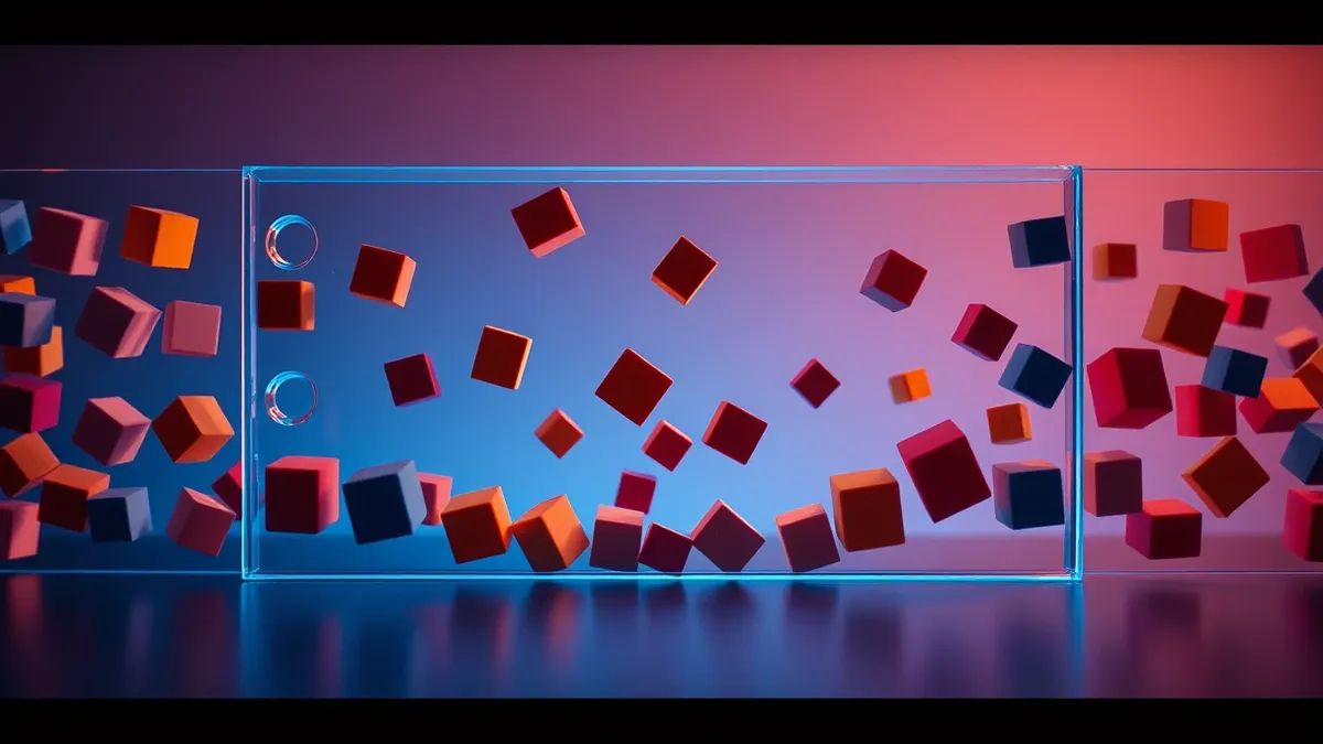Illustration: A transparent glass barrier stands in a stream of colorful geometric blocks.