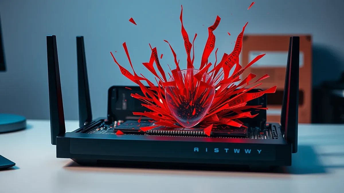 Illustration: A sleek black network gateway router sits on a white desk with its metal casing pried open.