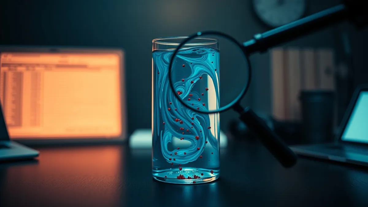 Illustration: A transparent glass cylinder sits on a dark desk, containing swirling blue liquid that represents database traffic.