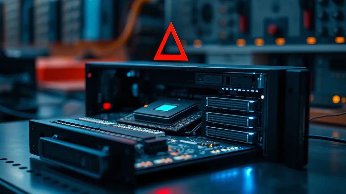 Illustration: A sleek black server blade sits open on a workbench, revealing its internal circuitry.