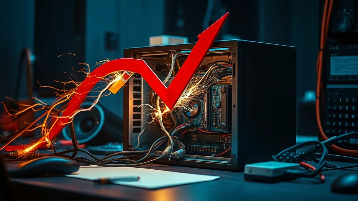 Illustration: A cracked server box sits on a desk, its internal circuitry exposed and sparking dangerously.