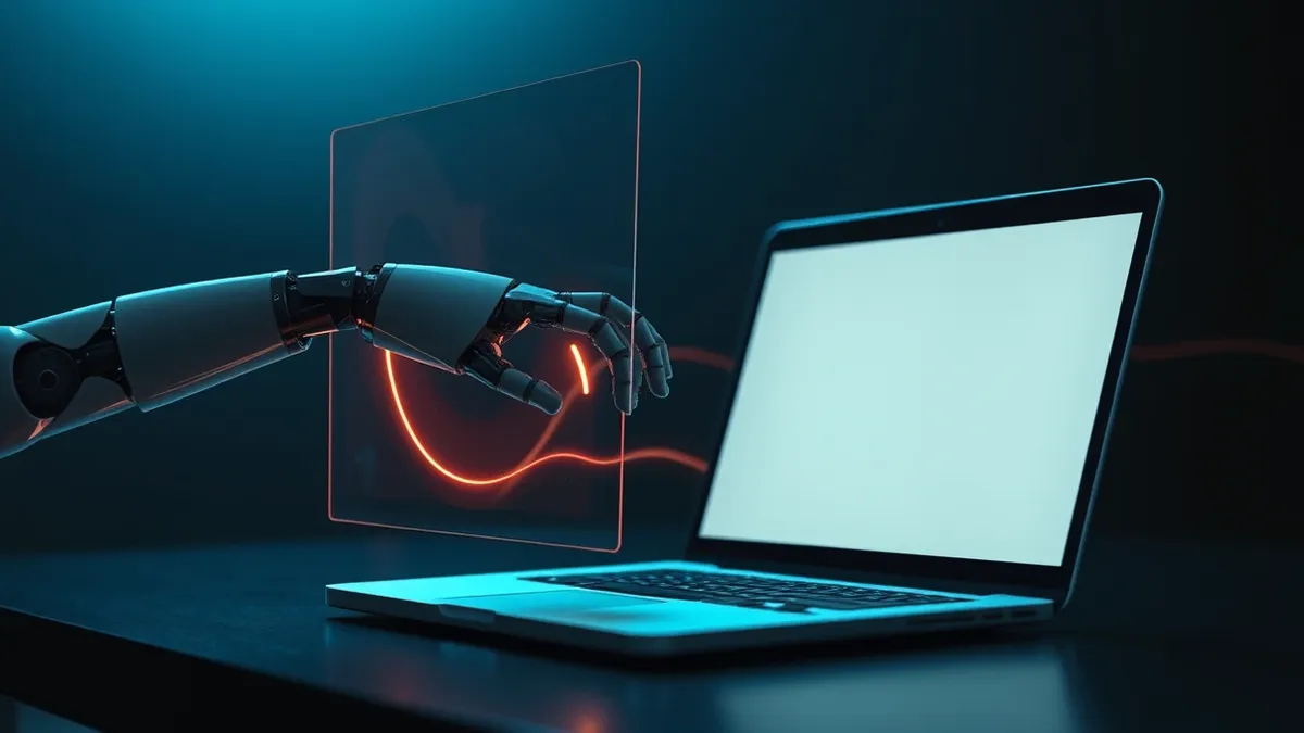 Illustration: A sleek, headless robot arm reaches through a transparent glass shield toward a generic laptop.