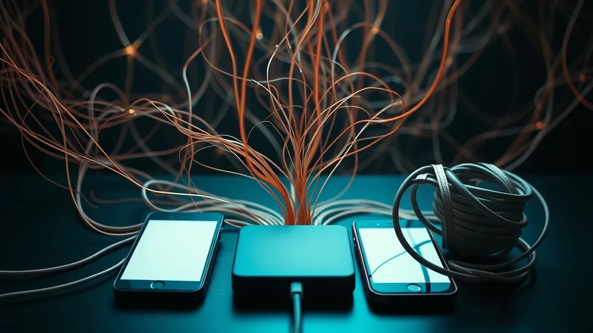 Illustration: A tangled web of thin, transparent threads connects several smartphones to a central router, representing old, insecure links.