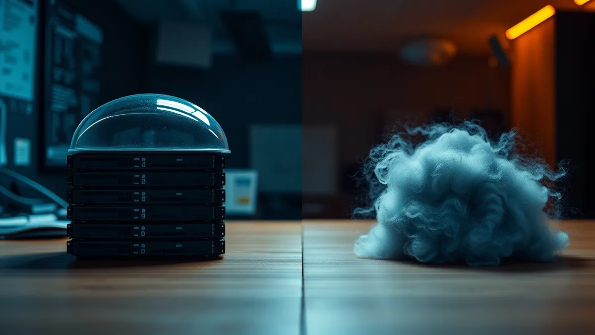 Illustration: A split desk surface shows two contrasting piles of server hardware.
