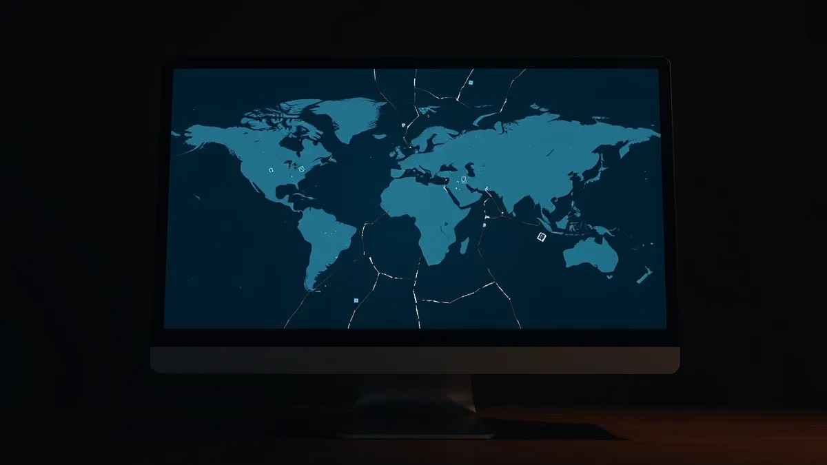 Illustration: A blank map interface sits on a monitor, with jagged cracks spreading across the digital surface.