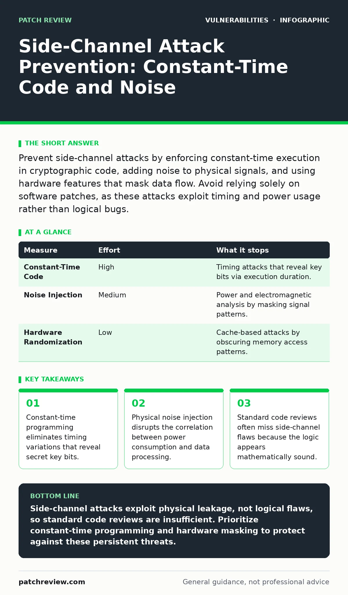Infographic: Side-Channel Attack Prevention: Constant-Time Code and Noise. Constant-time programming eliminates timing variations that reveal secret key bits. Physical noise injection disrupts the correlation between power consumption and data processing. Standard code reviews often miss side-channe
