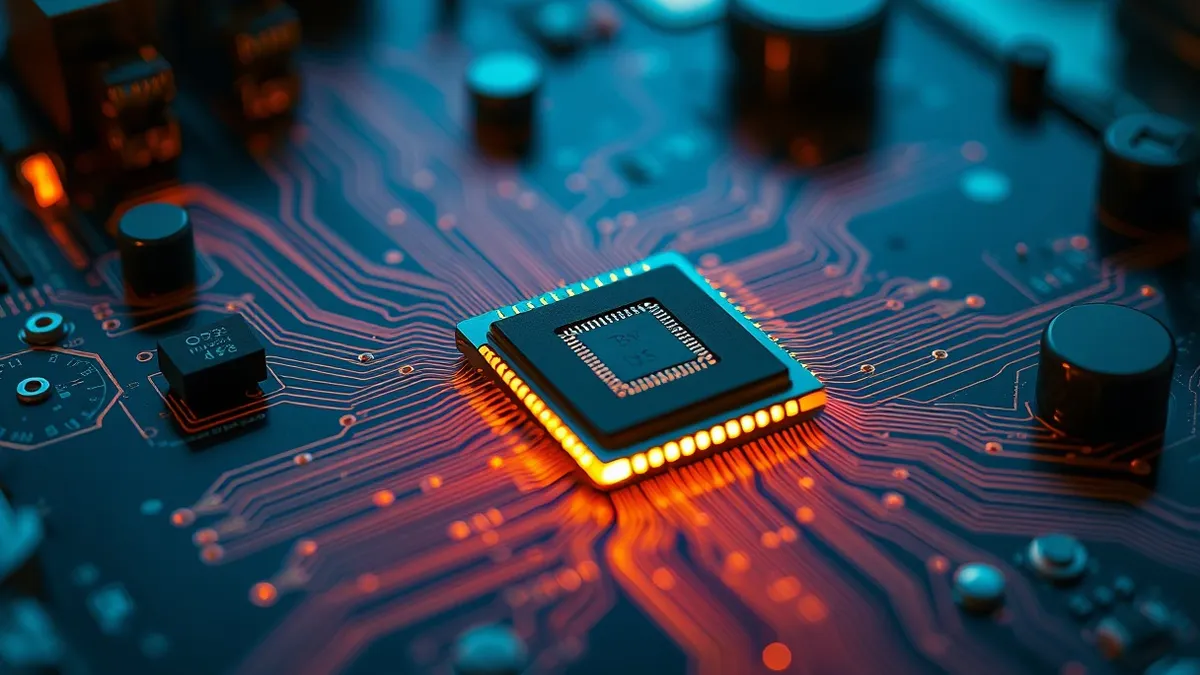 Illustration: A close-up view of a circuit board where invisible energy waves distort around a microchip.